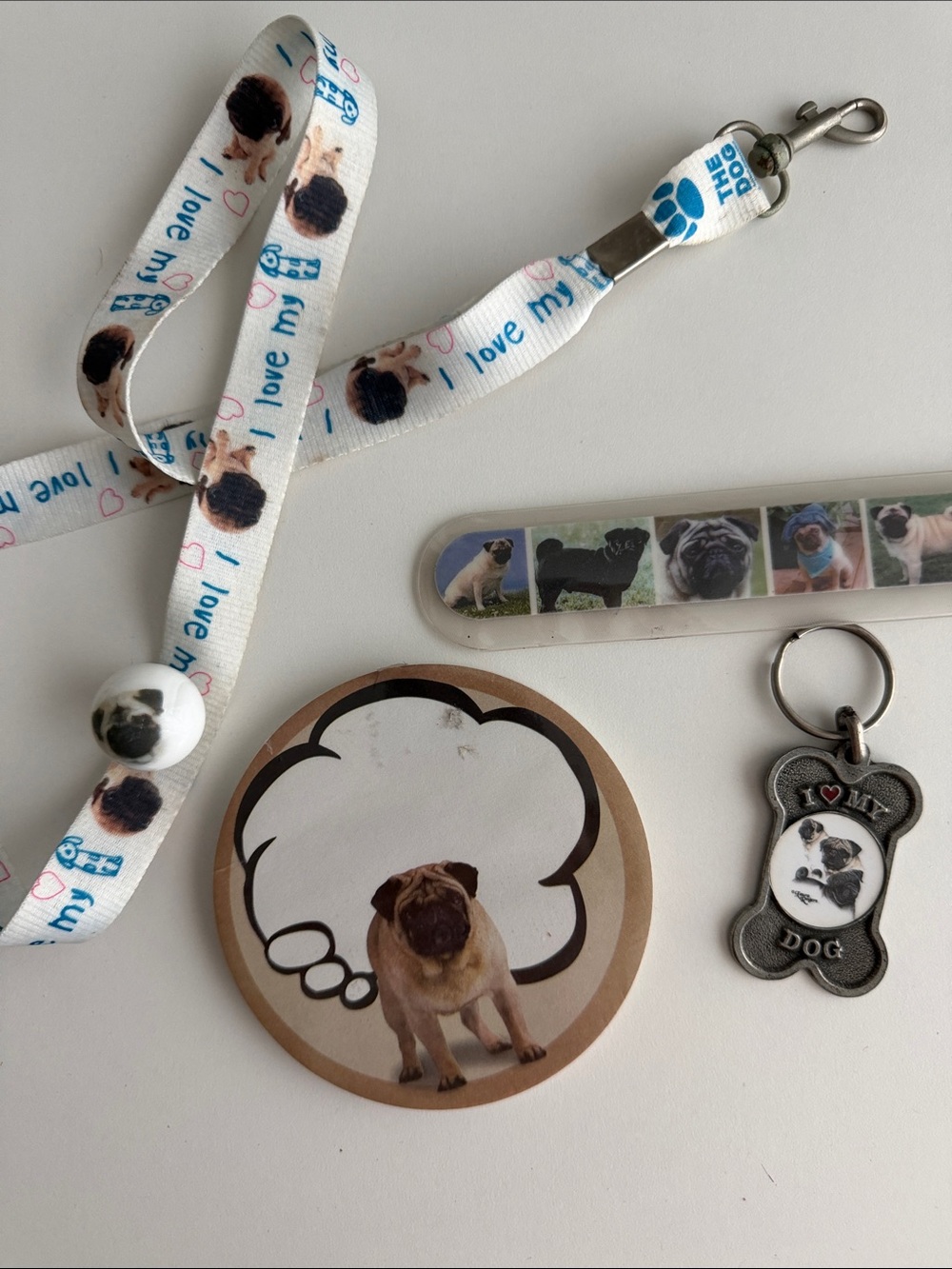 Pug Items Assortment - Keychain - Note Pad - Nail File - Marble - Lanyard